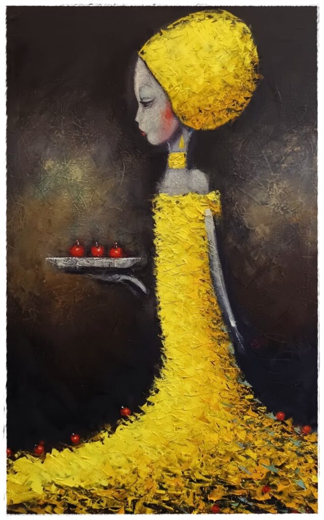 Libor Kawulok. Dáma ve žluté Olejomalba 55x85cm. Cena 7800 Kč.